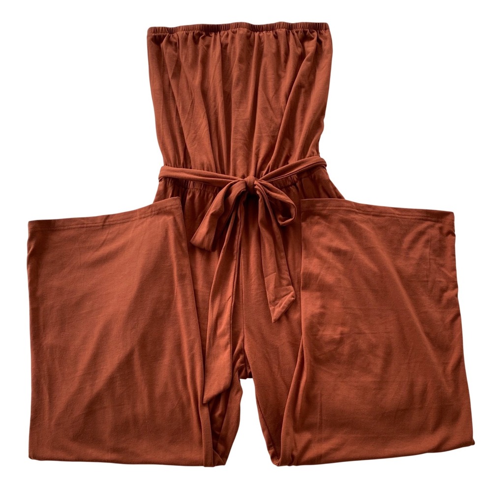 ZESICA Strapless Ankle Jumpsuit Women Large Wide Leg Tube Top Boho Earthy Travel